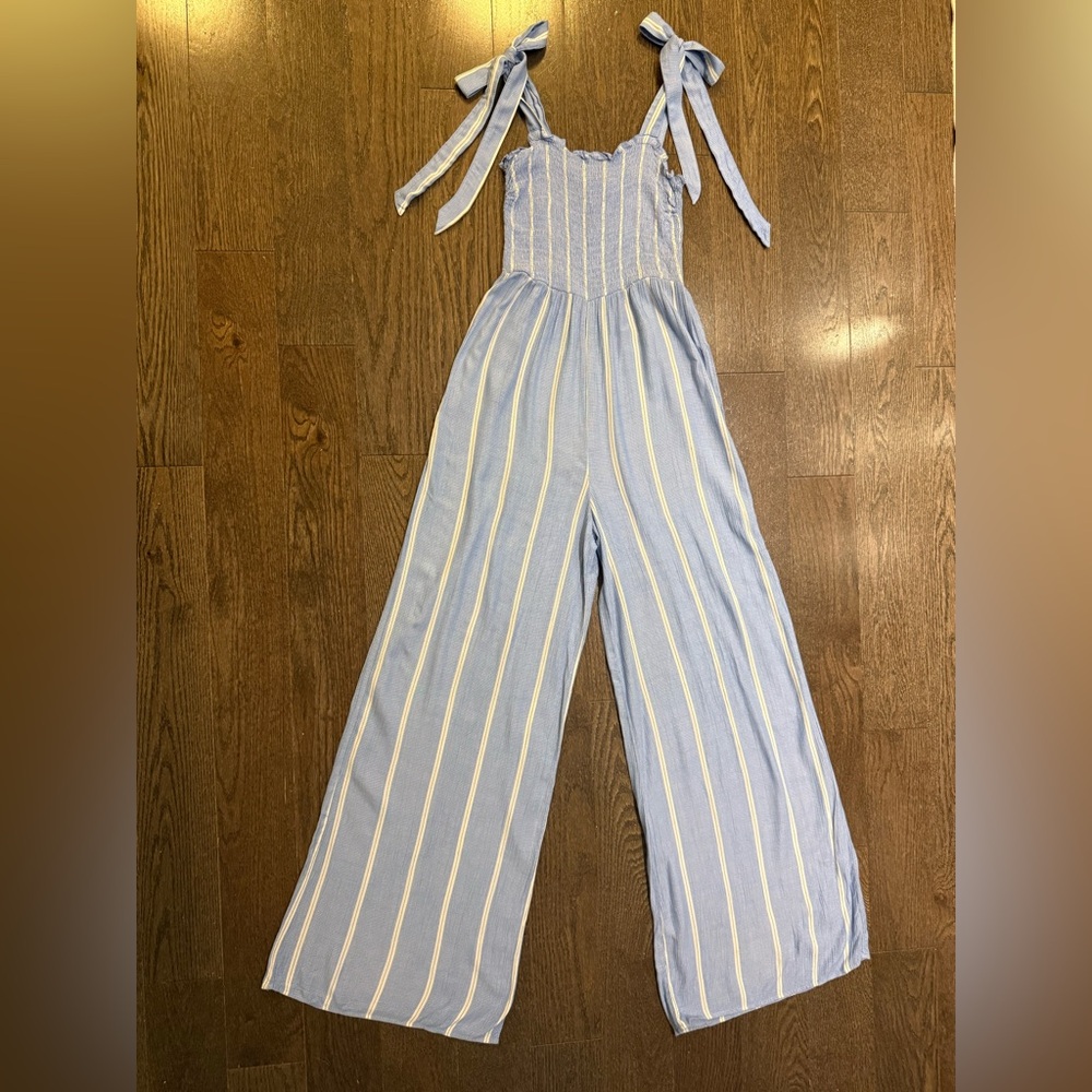 H&M Blue and White Striped Tie-Shoulder Jumpsuit